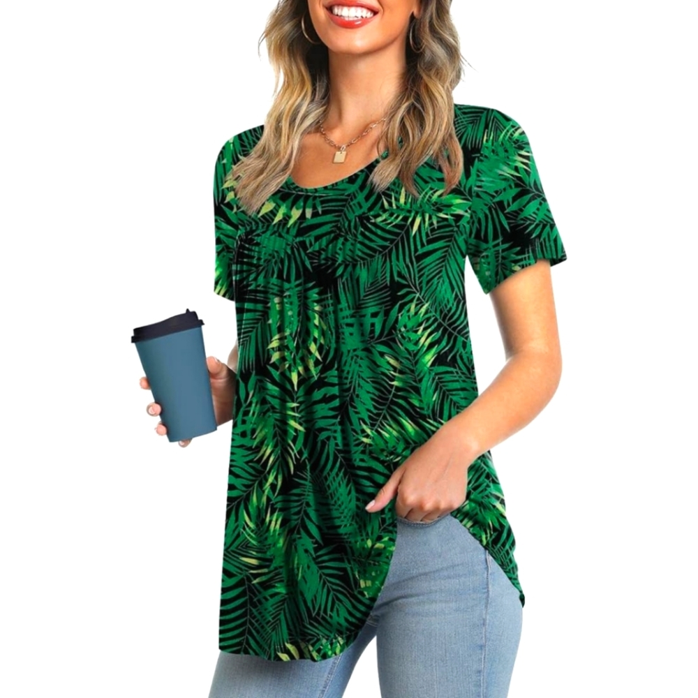 LONGYUAN Women Shirts Summer Tunic Casual Short Sleeve Blouse Flower Tops